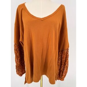 Anthropologie Gold Waffle Knit Floral Sleeve Top M V-Neck Casual Boho